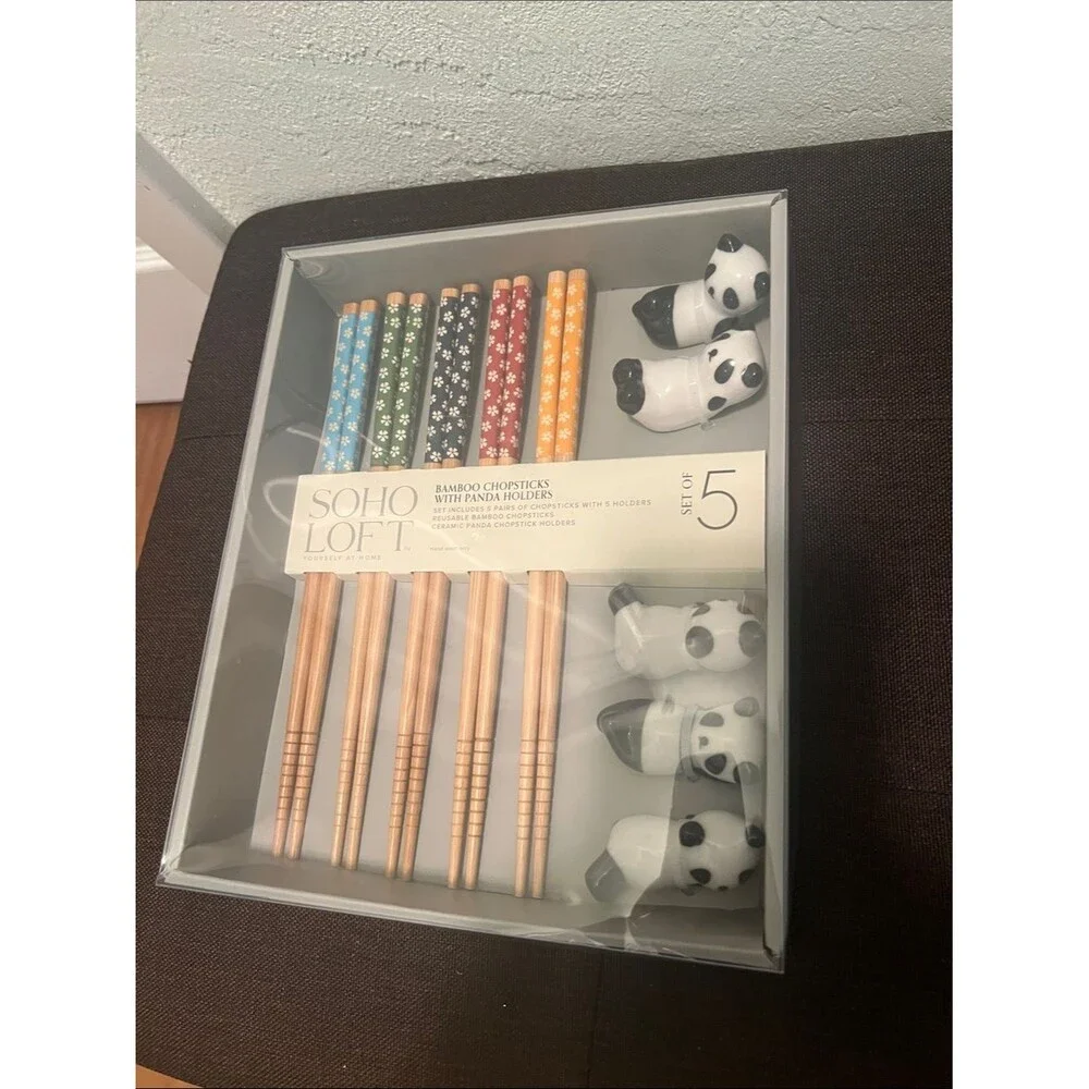 #2315*Soho Loft Bamboo Chopsticks Set W/Panda Holders - Colorful Floral Handles